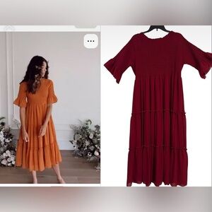 JessaKae Red Ruffled Midi Dress with Flutter Sleeves 100% Polyester